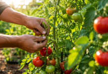 Plante de tomate sănătoase și lucrări de întreținere efectuate în luna iulie
