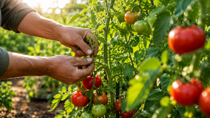 Plante de tomate sănătoase și lucrări de întreținere efectuate în luna iulie