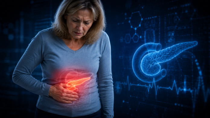 simptome-probleme-pancreas.jpg Femeie prezentând simptome sugestive pentru probleme ale pancreasului pe fundal medical