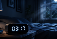 Ceas digital indicând ora 03:17 noaptea într-un dormitor întunecat, reprezentând trezirile nocturne frecvente