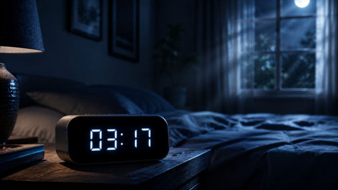 Ceas digital indicând ora 03:17 noaptea într-un dormitor întunecat, reprezentând trezirile nocturne frecvente