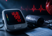 Tensiometru digital indicând valori crescute ale tensiunii arteriale pe fundal medical