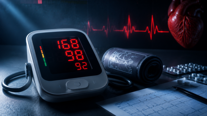 Tensiometru digital indicând valori crescute ale tensiunii arteriale pe fundal medical