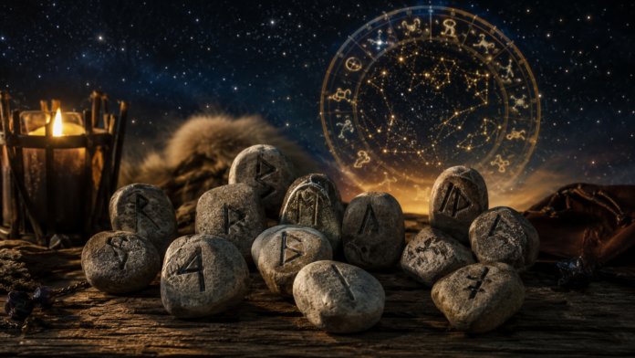 horoscop-rune-final-2026.jpg Rune nordice și simboluri zodiacale ilustrând horoscopul runelor până la finalul anului 2026