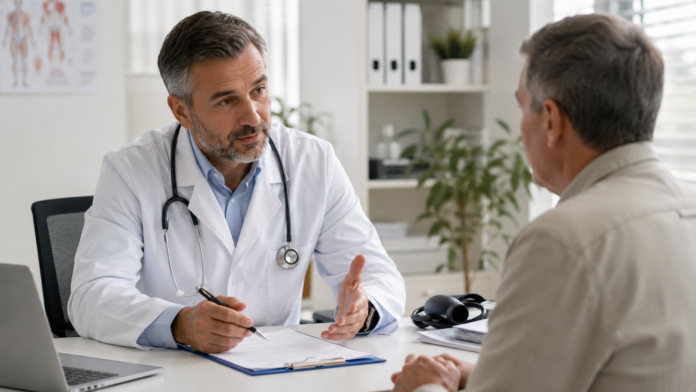 servicii-medicale-gratuite-neasigurati-2026.jpg Medicul de familie consultă un pacient, ilustrând serviciile medicale gratuite disponibile persoanelor neasigurate.