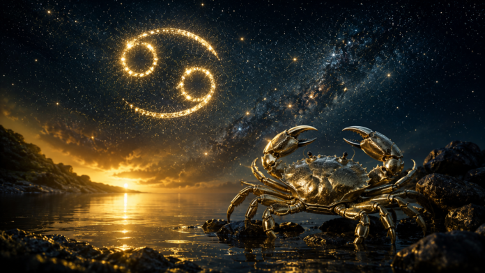 horoscop-rac-2026.jpg Simbolul zodiei Rac pe fundal cu cer înstelat și apă liniștită, ilustrând horoscopul pentru anul 2026