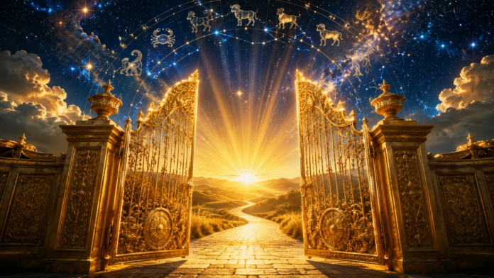 cinci-zodii-succes-iulie-2026.jpg Poartă aurie și simboluri zodiacale ilustrând succesul anunțat pentru cinci zodii până la finalul lunii iulie