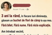 De 3 ani, cineva îmi lăsa flori la ușă în fiecare luni dimineața. Fără bilet, fără nume. Când am aflat cine era, m-am prăbușit pe scări
